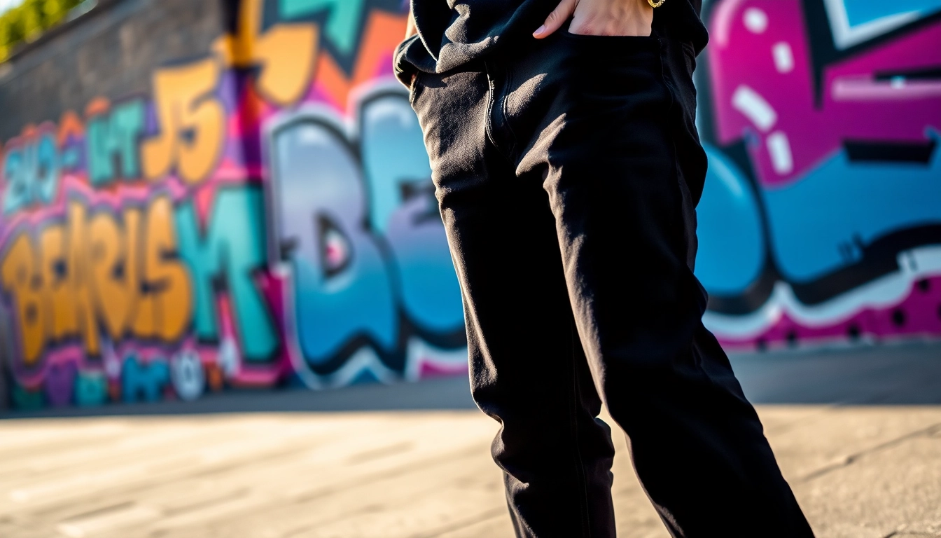 Model showcasing baggy black jeans against a colorful graffiti backdrop, exuding style.