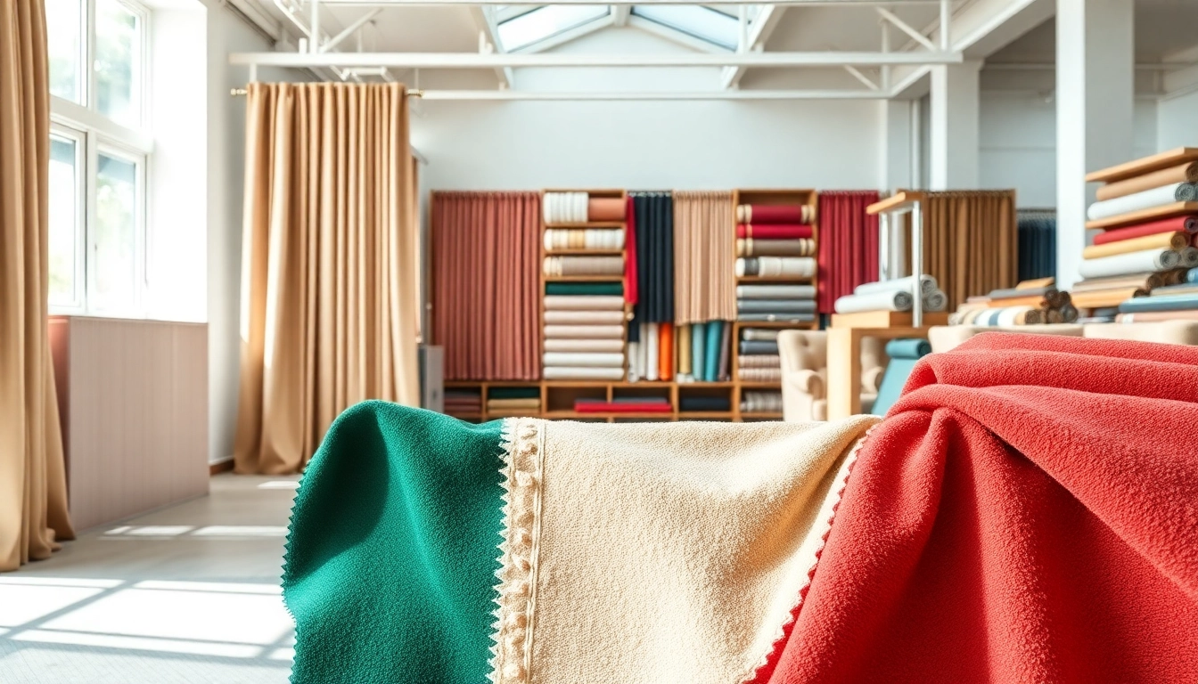 Stof voor gordijnen in diverse kleuren tentoongesteld in showroom.
