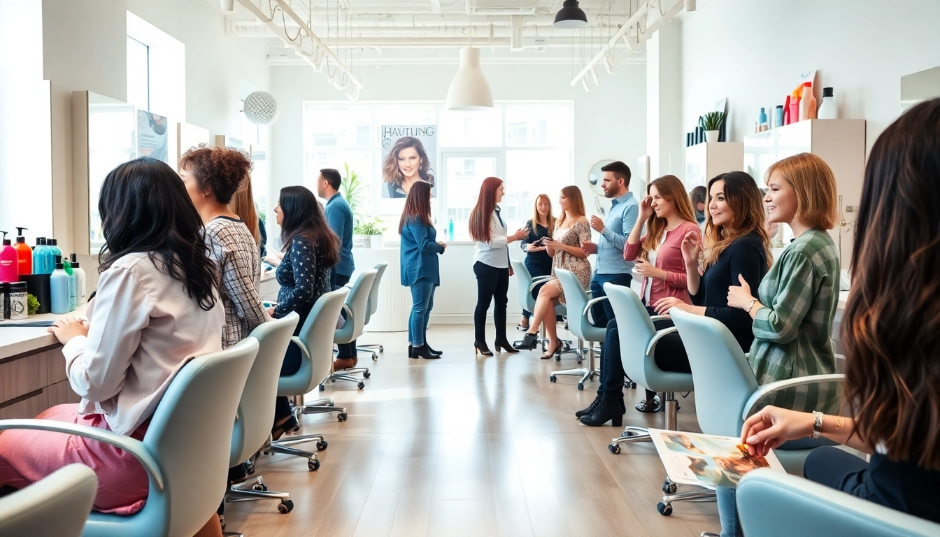 Best hair salons near me showcasing professional hairstylists and happy clients in a vibrant, modern salon environment.