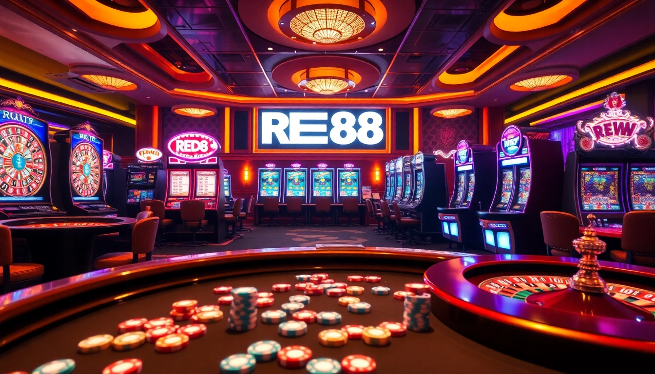 Engaging scene of RED88 online gambling with roulette wheel and vibrant poker chips.