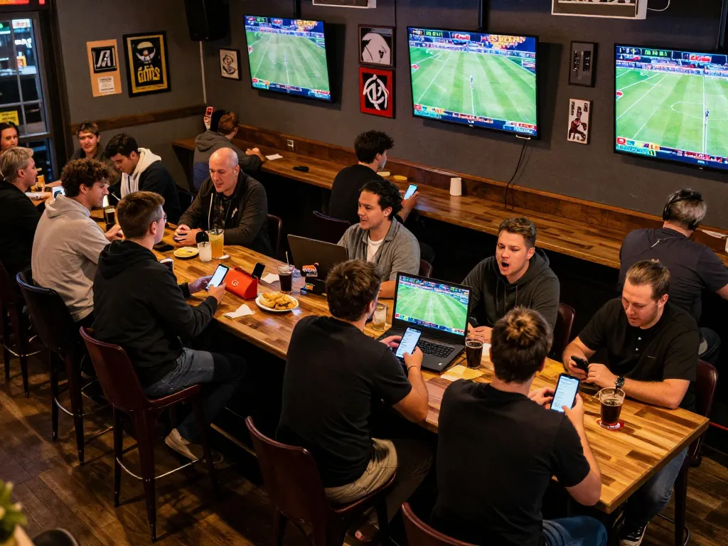 Sport enthusiasts passionately engaging in FC88 betting at a lively sports bar, smartphones displaying odds.