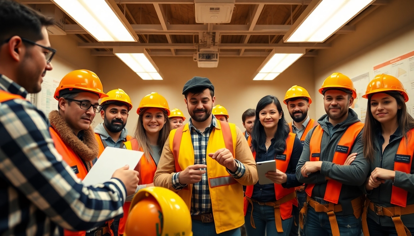 Engaged participants in construction safety classes focused on safety practices and equipment training.