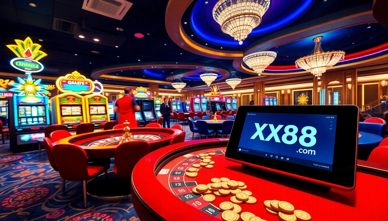 Engage with the thrilling atmosphere at xx88 com's luxurious casino featuring vibrant slot machines and intense poker action.