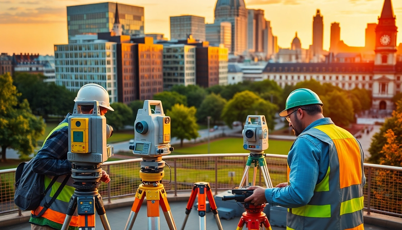 Land surveyors London Surrey conducting advanced land surveys in a dynamic urban setting with modern equipment.