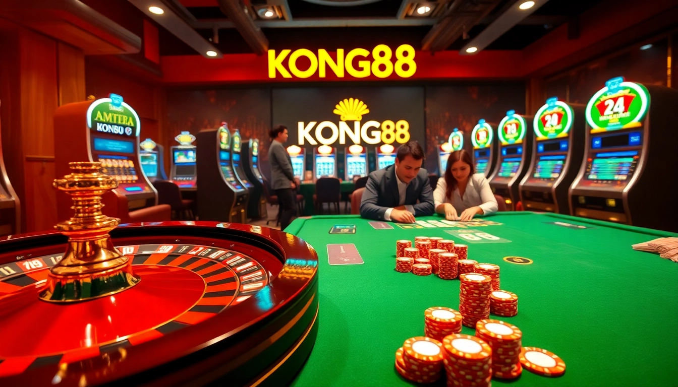 KONG88 casino scene with a roulette wheel, poker chips, and slot machines highlighting excitement.