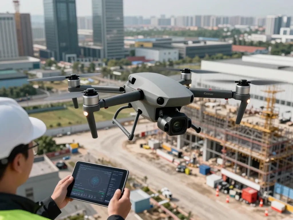 DJI Matrice 4D drone in action, showcasing advanced features and multi-lens functionality on a construction site.