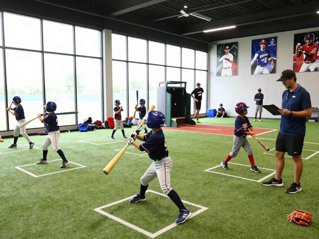 Hitclub baseball training scene showcasing young athletes practicing batting techniques in a dynamic training facility.