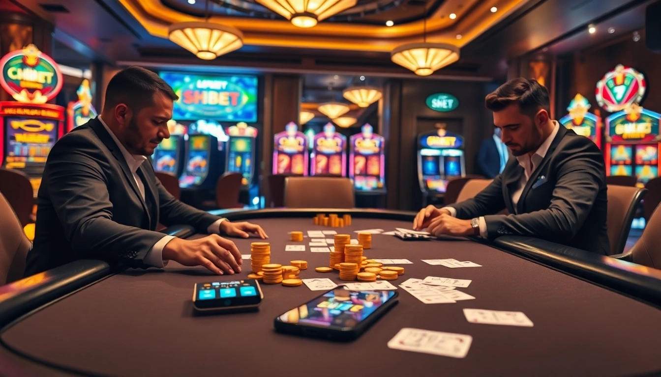 Engaged players at SHBET casino table, highlighting excitement and strategy.