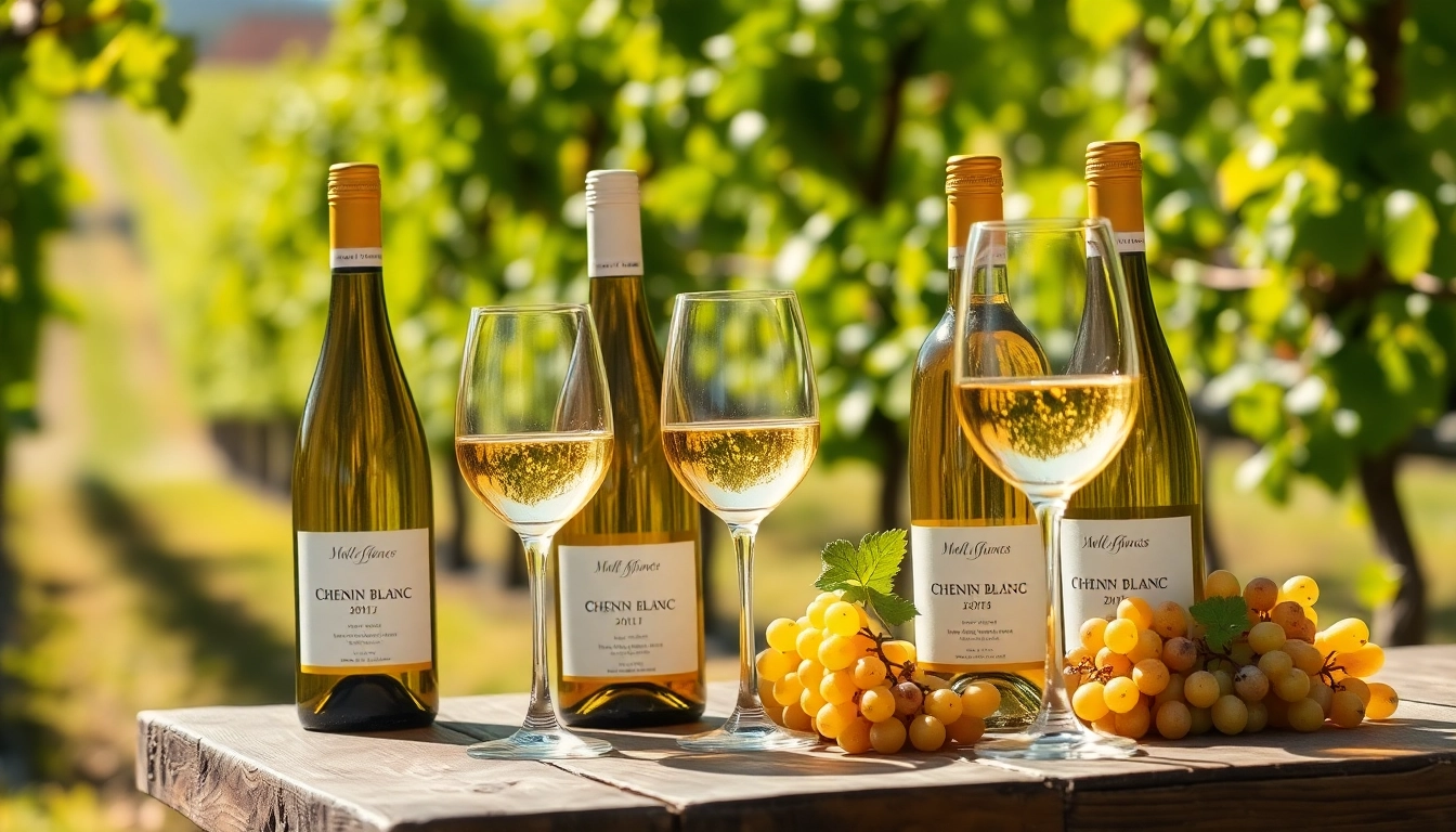 Enjoying Chenin Blanc wine at a vineyard-inspired tasting setting with grapes and bottles.
