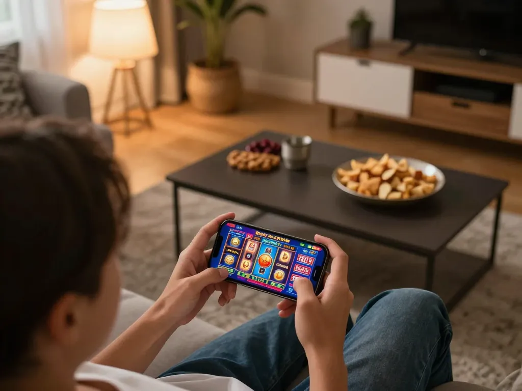 Player enjoying RR88 mobile casino games on smartphone in a cozy living room setting