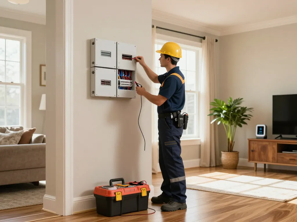 Skilled electrician inspecting electrical systems, demonstrating expert electrical services in a cozy living room.