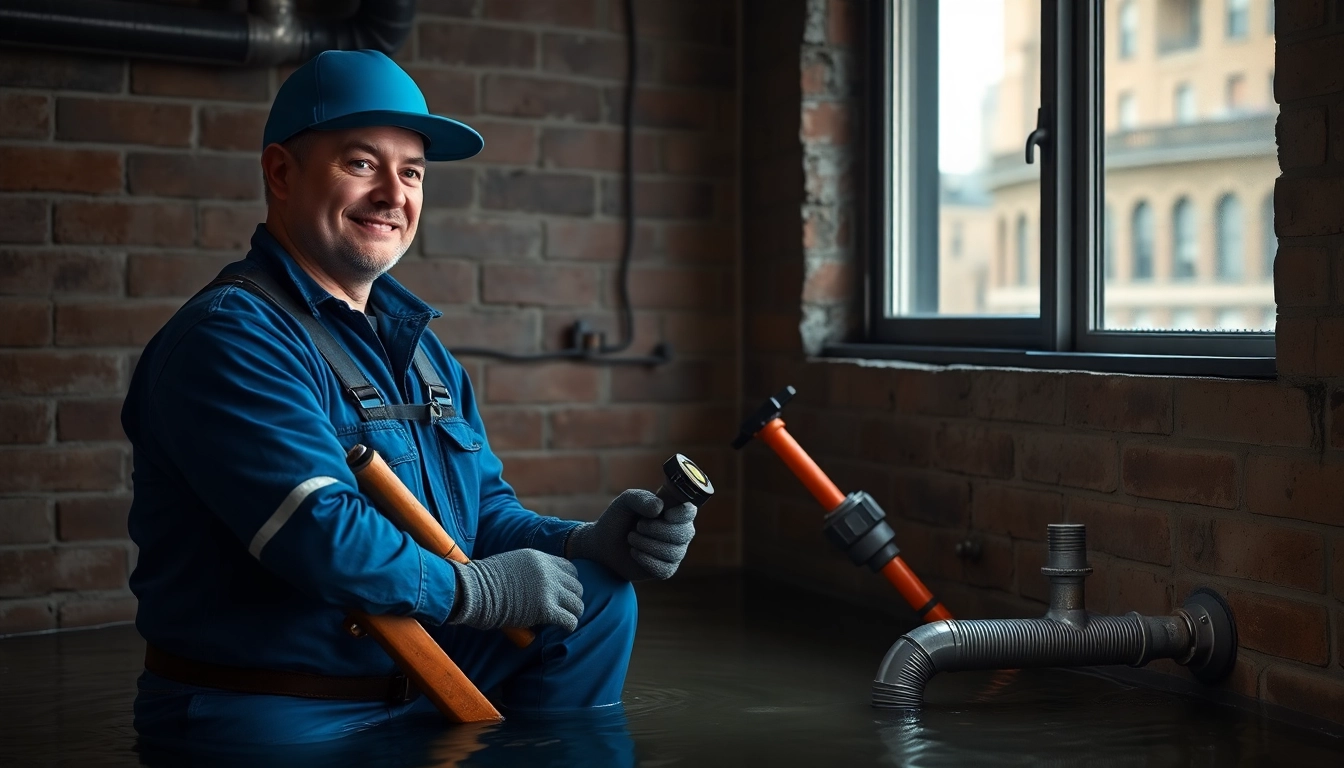 Emergency plumbing help for sewer backup provided by a licensed plumber in NYC, inspecting a flooded basement.