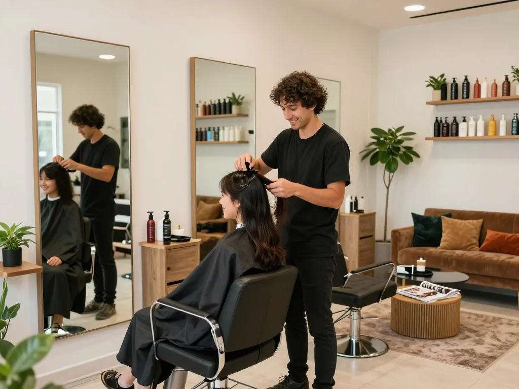 Best hair salon interior with stylish decor, friendly stylist, and happy client.