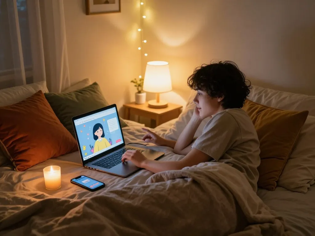 Interactive scene of free AI sex chat on a laptop in a cozy bedroom setting.