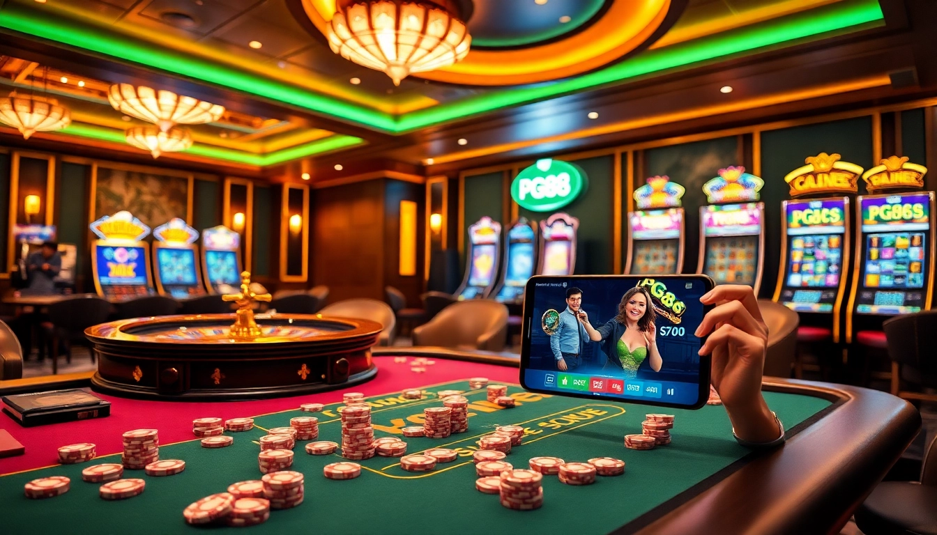 Experience the thrill of PG88 gaming at a luxurious casino table with vibrant slot machines.