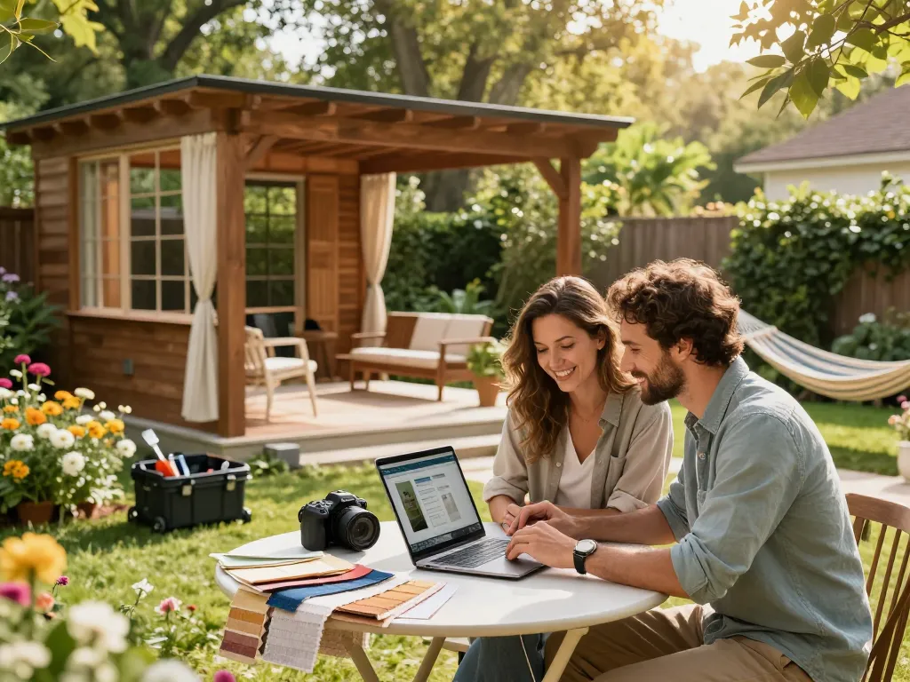 Couple using an online pergola configurator to design their custom pergola in a vibrant garden setting.