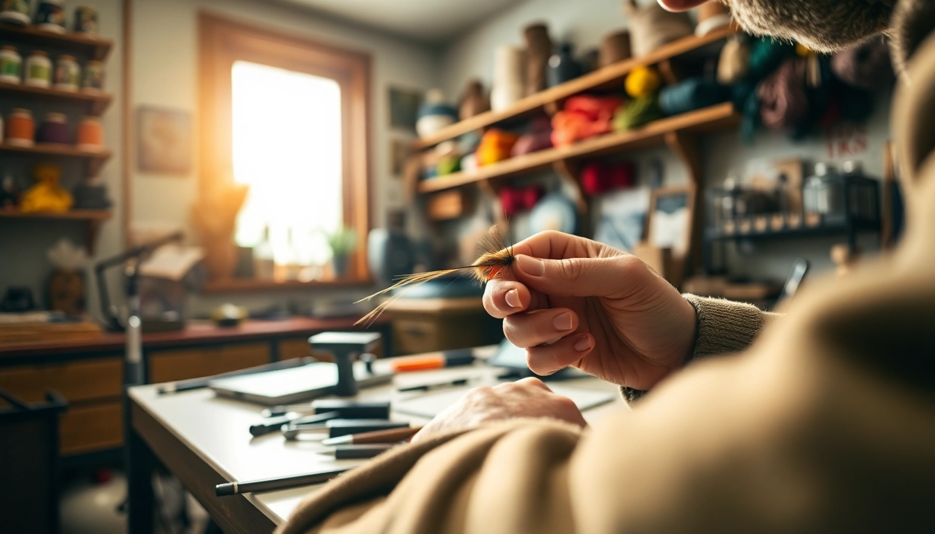 Engaging fly tying artisan expertly creating a detailed fly at a well-organized workspace.