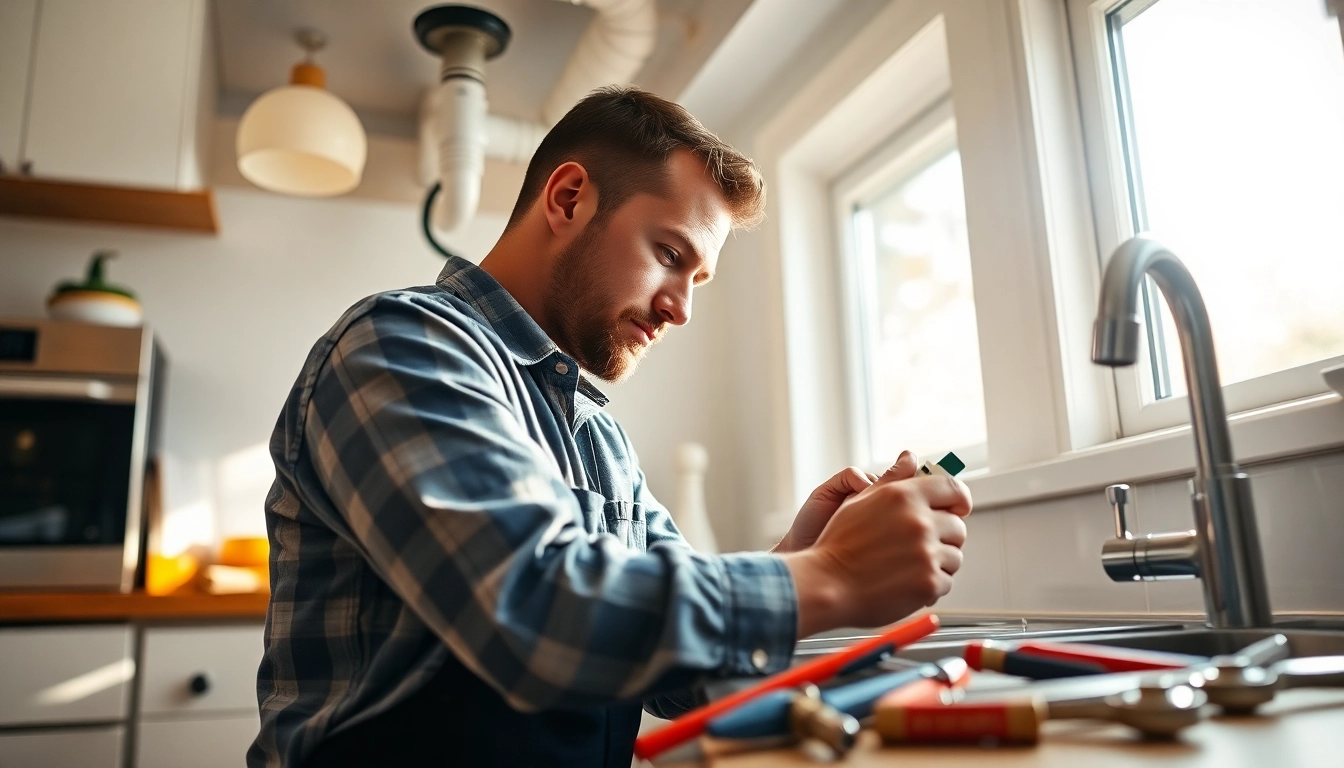 Plumber fixing a North Shore plumbing issue in a modern kitchen setting.