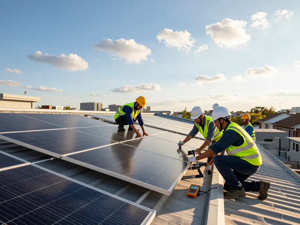 Technicians installing N-type solar panels on a rooftop, highlighting innovation in renewable energy.
