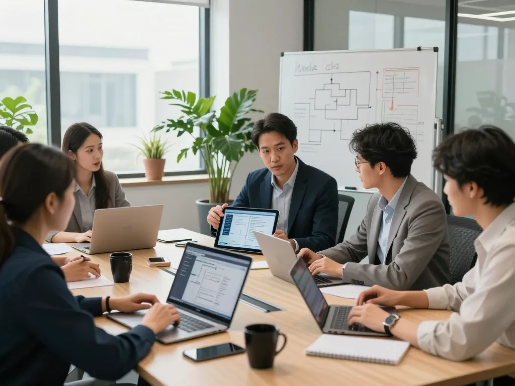Professional team discussing automation strategies in a bright office.