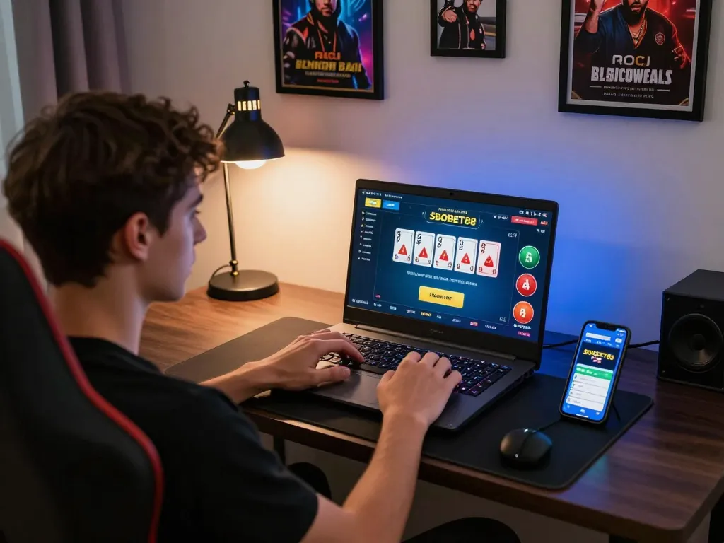 Pemain SBOBET88 menganalisis strategi permainan poker di rumah, menampilkan pengalaman bermain game online yang dinamis.