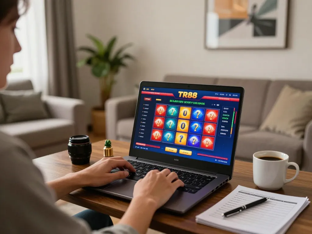 Player enjoying TR88 casino games on laptop in a cozy home setting, combining relaxation with strategic gaming.