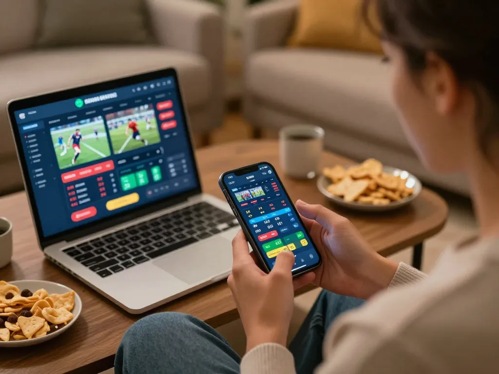 Person engaging in live sports betting using a mobile app, showcasing Nhà cái ko66's user-friendly interface amid a cozy home setup.