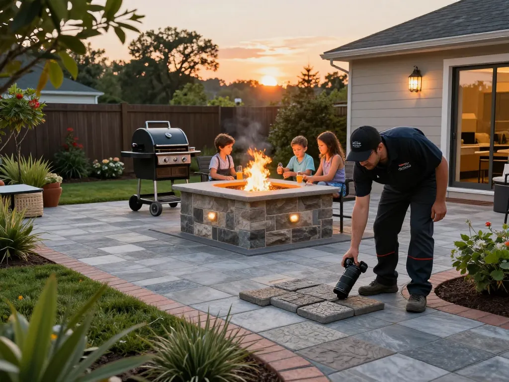 Paver contractors near me installing elegant outdoor pavers in a family backyard.