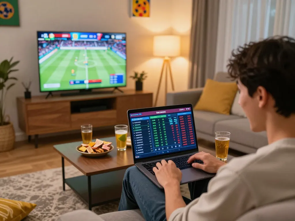 Person analyzing kèo nhà cái odds for sports betting in a cozy living room.