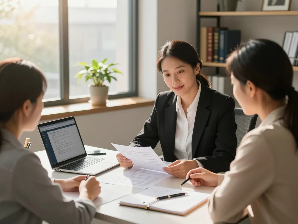 Estate planning lawyer Aurora consulting with a couple in a modern law office, showcasing trust and clarity.
