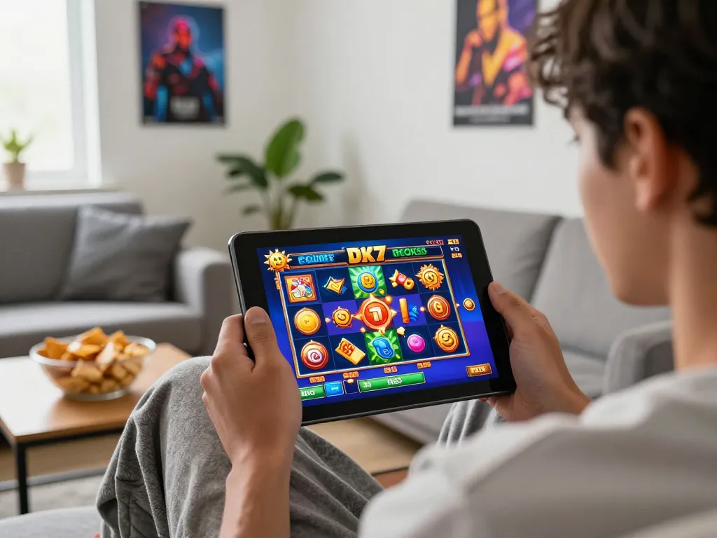 Engaging player experiencing dk7 slot game on tablet in a cozy living room.