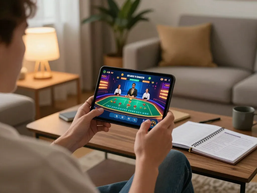 Engaging in mobile gaming at home with ee88go's live dealer casino interface on screen.