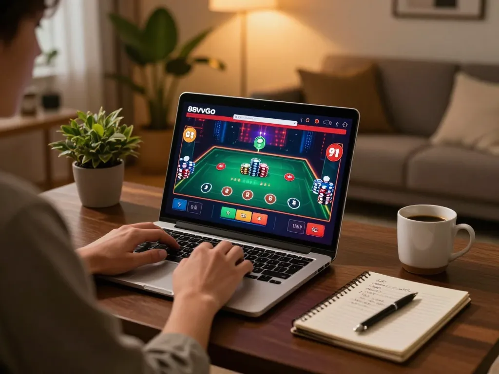 Engaging with live games on 88vvgo casino platform in a cozy home setup.