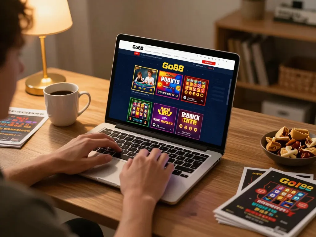 Engaging in a game on the Go88 online casino platform with a vibrant interface visible on the laptop