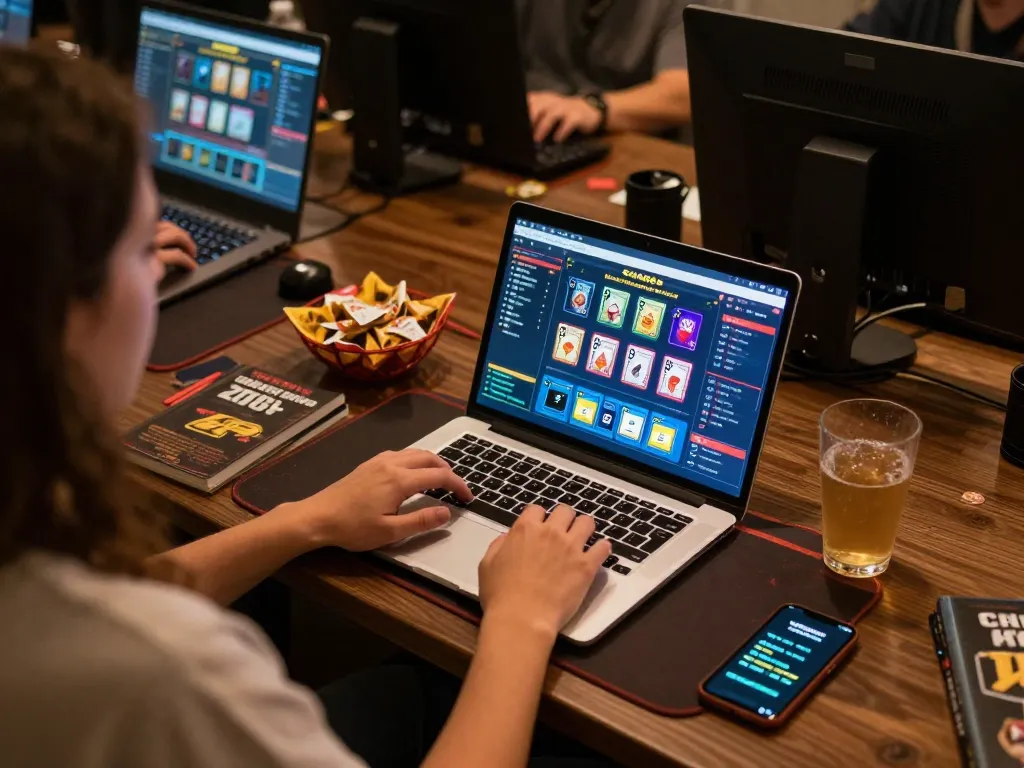 Engaged player enjoying SAM86 online games on laptop, highlighting dynamic gaming experience.
