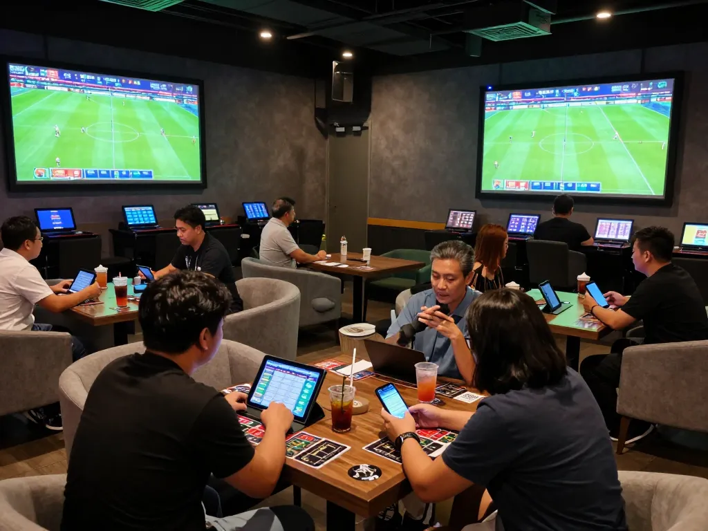 Pemain taruhan yang bersemangat menganalisis odds di lounge mewah untuk taruhan Judi Bola