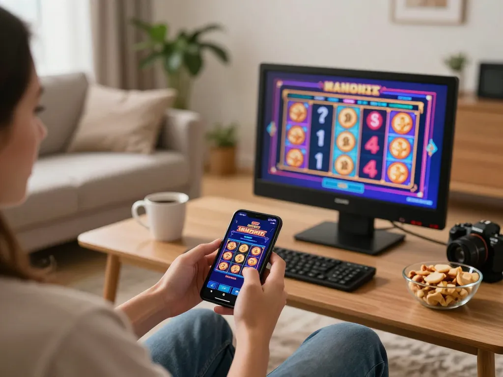 MAY88 player enjoying vibrant slot games on mobile device at home