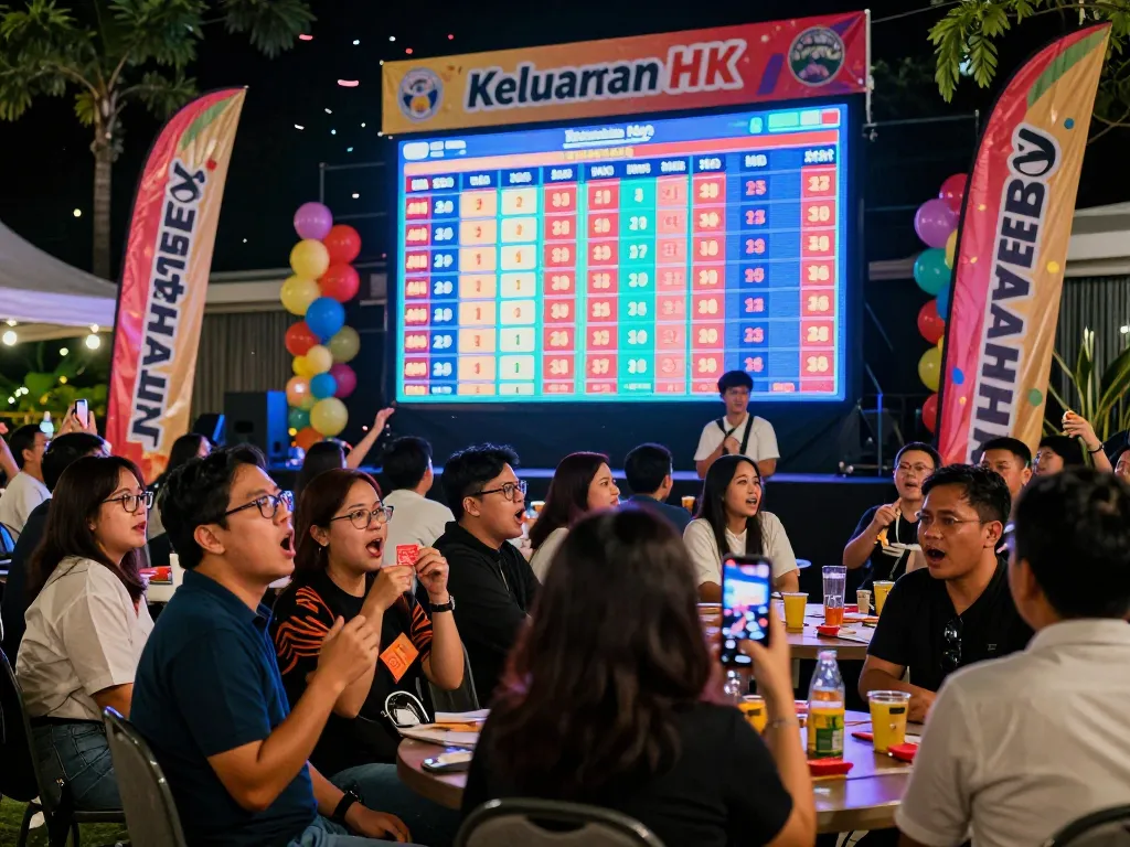 Acara lotere Keluaran HK dengan kerumunan beragam yang dengan antusias menyaksikan nomor pemenang ditampilkan di layar.