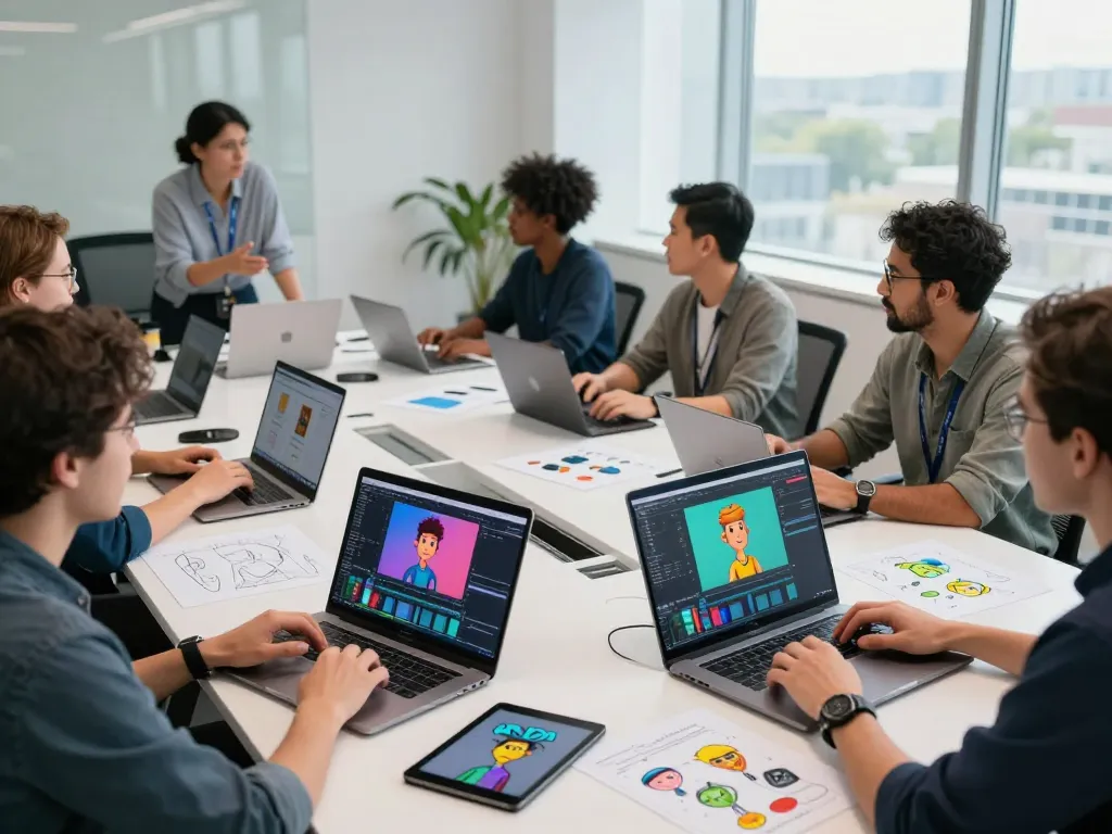 Team collaborating on mind control ai video projects in a modern workspace