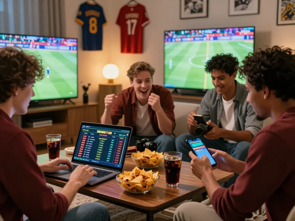 Friends enjoying online sports betting on SBOBET88 in a cozy living room with snacks and a live game on TV.