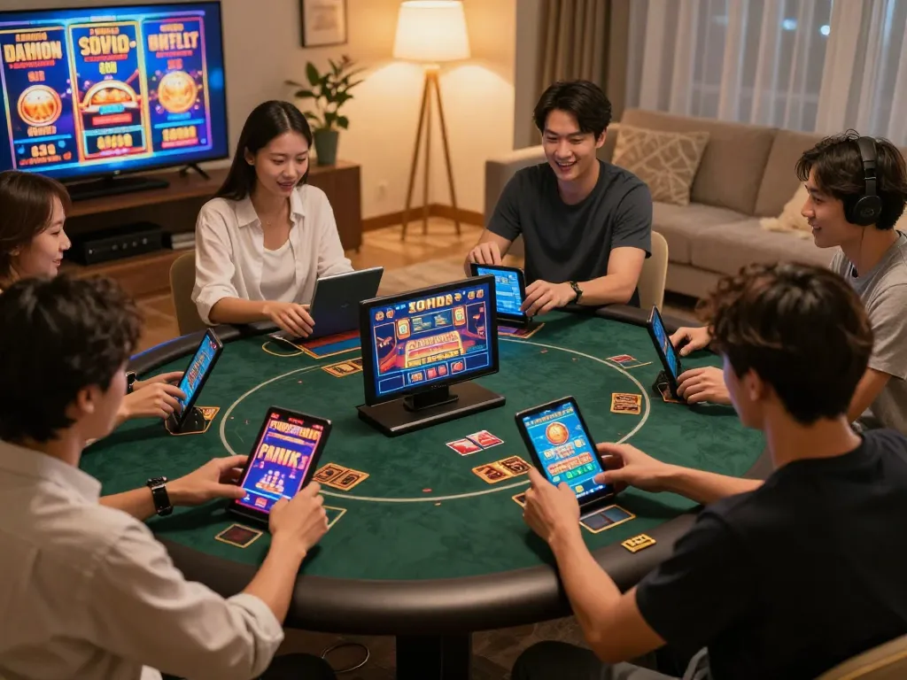 Engaged players exploring Nhà cái Luck8 online casino games on mobile devices in a cozy home setting.