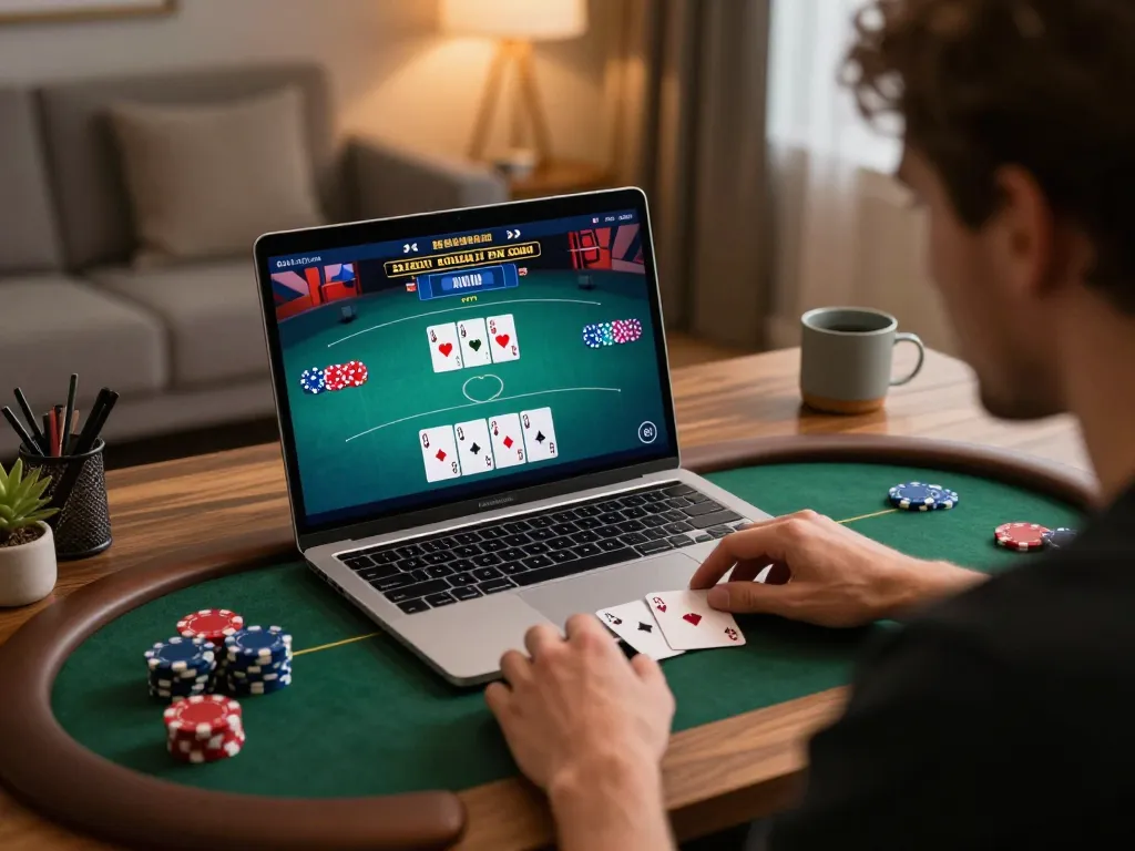Player engaged in poker game on laptop at home, enhancing fly88 online gaming experience with strategy.