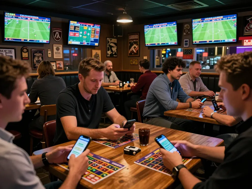 Experience tỷ lệ kèo nhà cái 5 at a vibrant sports bar with fans using betting apps on smartphones.