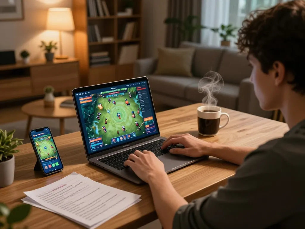 Engaging in online gaming on 68 Game Bài through a laptop and smartphone in a cozy home setting