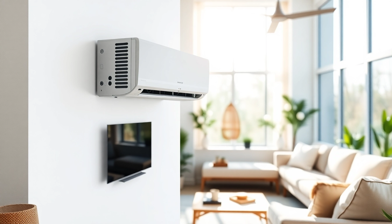 Showcase of a Mitsubishi mini split AC in a contemporary living room, highlighting its sleek design.