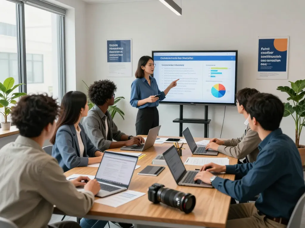 Team collaboration in a staffing agency meeting, showcasing diverse professionals discussing hiring strategies and data.
