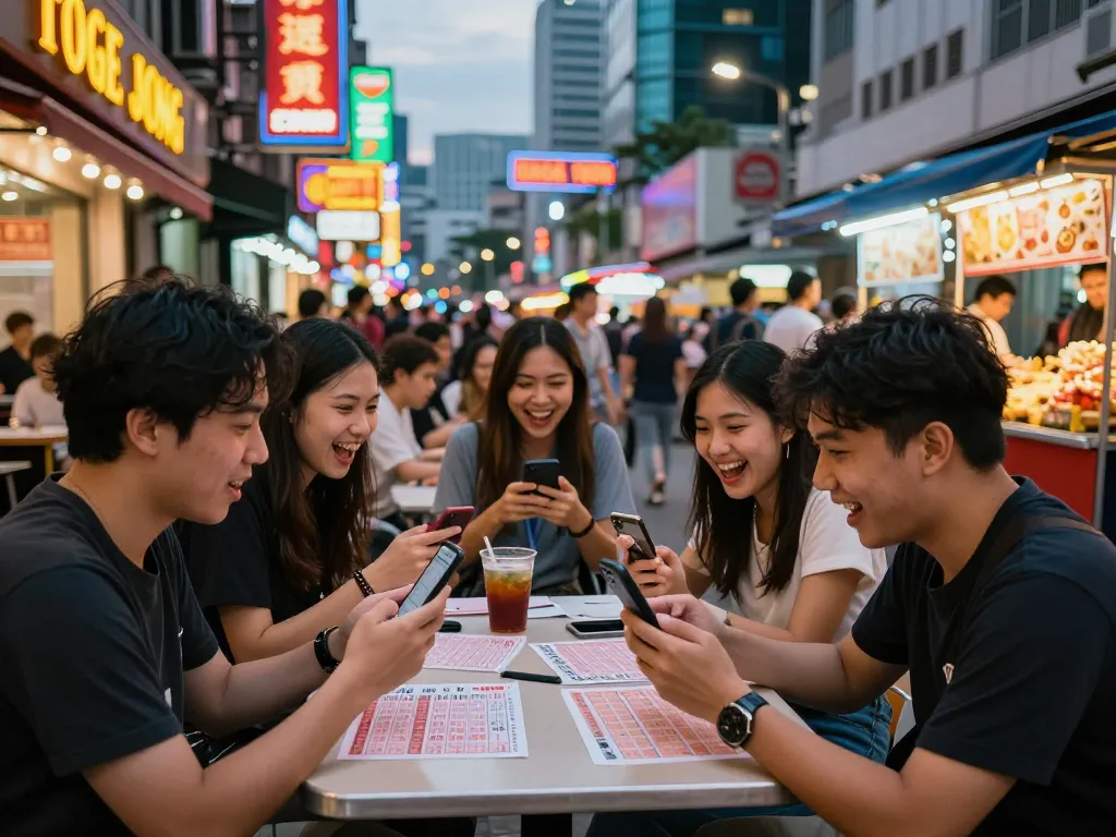 Hasil Keluaran HK yang dilihat di smartphone di tengah suasana taruhan yang meriah bersama teman-teman selama malam urban.