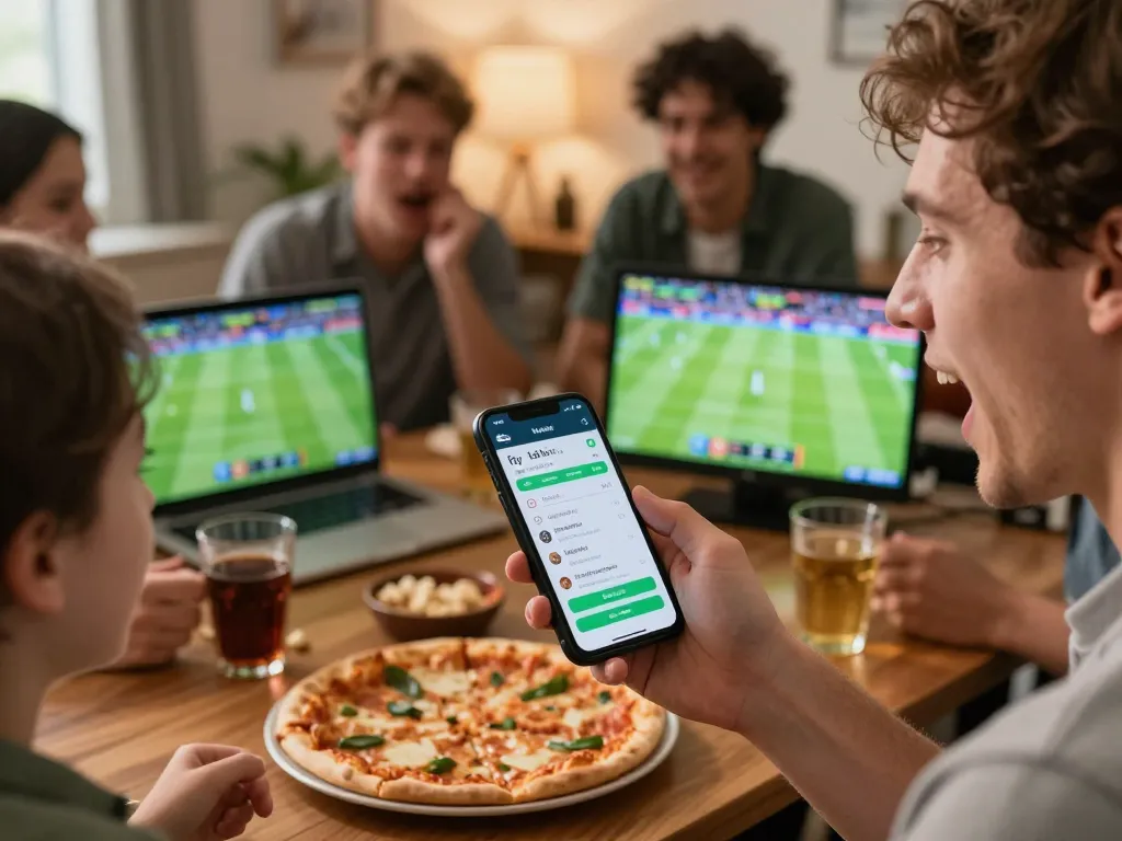 Engaging sports betting scene analyzing tỷ lệ nhà cái on smartphone with friends at home