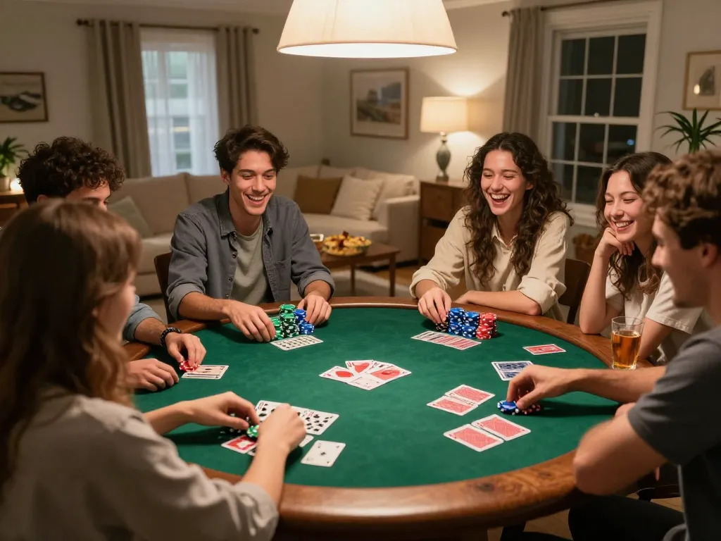 Iwin poker players enjoying an exhilarating game night with friends, colorful chips and cards on table.