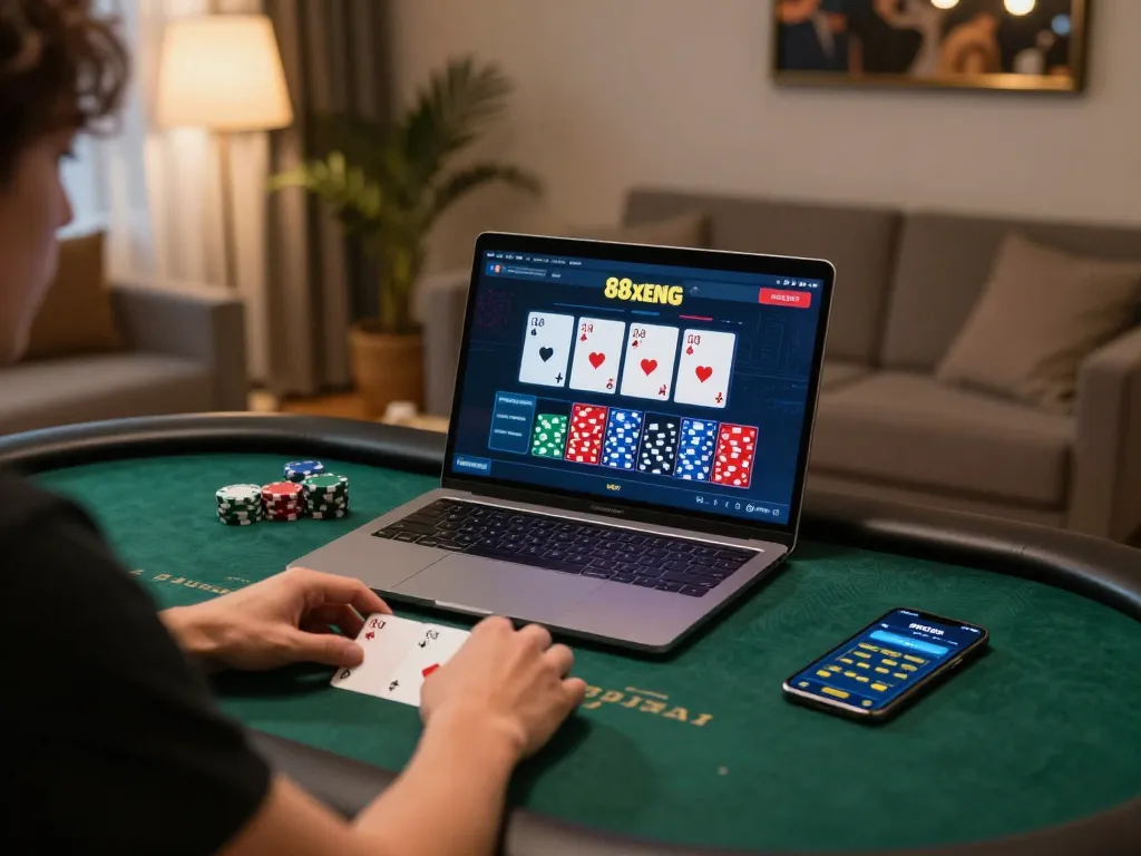 Player enjoying 88xeng poker online, focusing on strategic bets in a cozy atmosphere.
